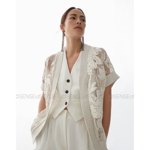 Brunello Cucinelli Women's Cardigan White Top Handmade Floral Size M - Picture 7 of 10